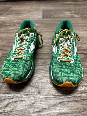 Brooks Green Geometric Running Shoes with Orange Details